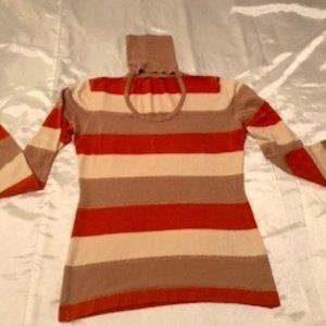 Rich camel, orange  & gold striped t=neck sweater with open front
